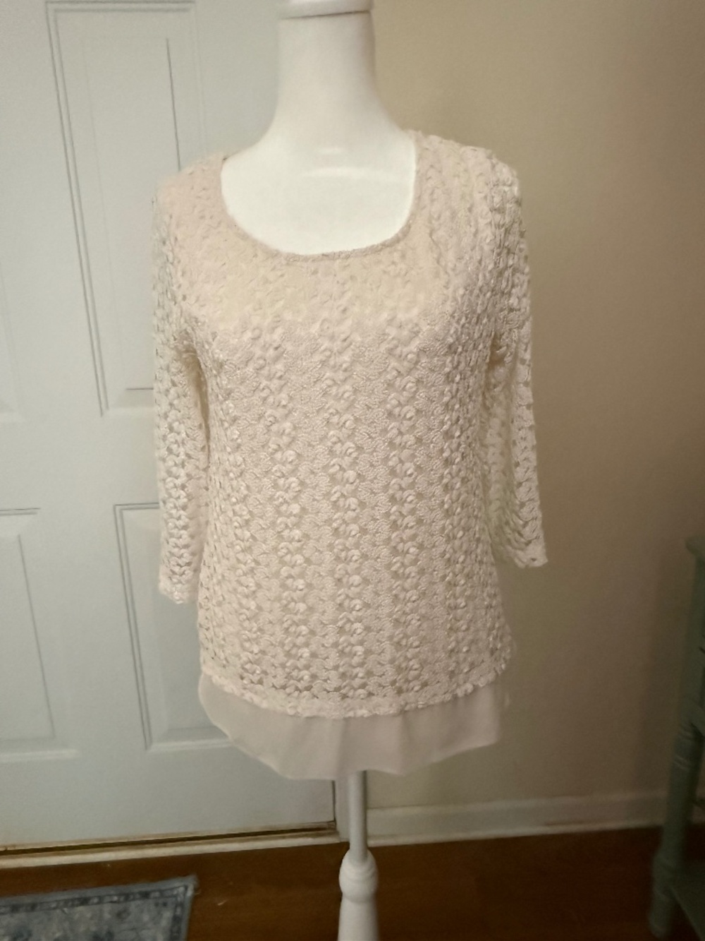 JM Collections Cream Open Crochet Top, Size Petite M